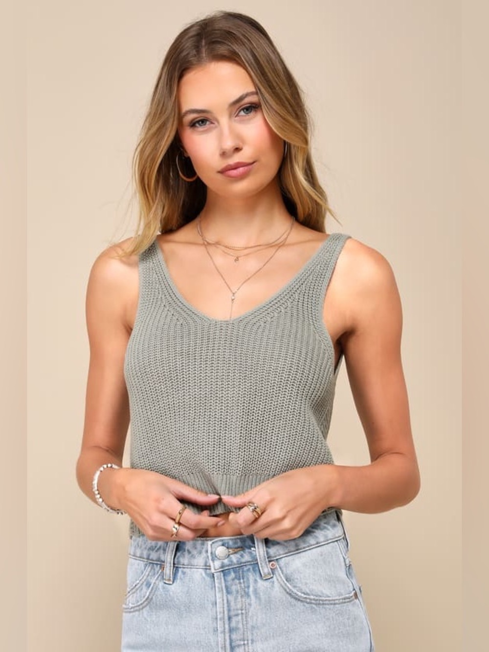 ❤️LULU’S❤️Let's Get Away Sage Green Knit Twist Back Tank Top